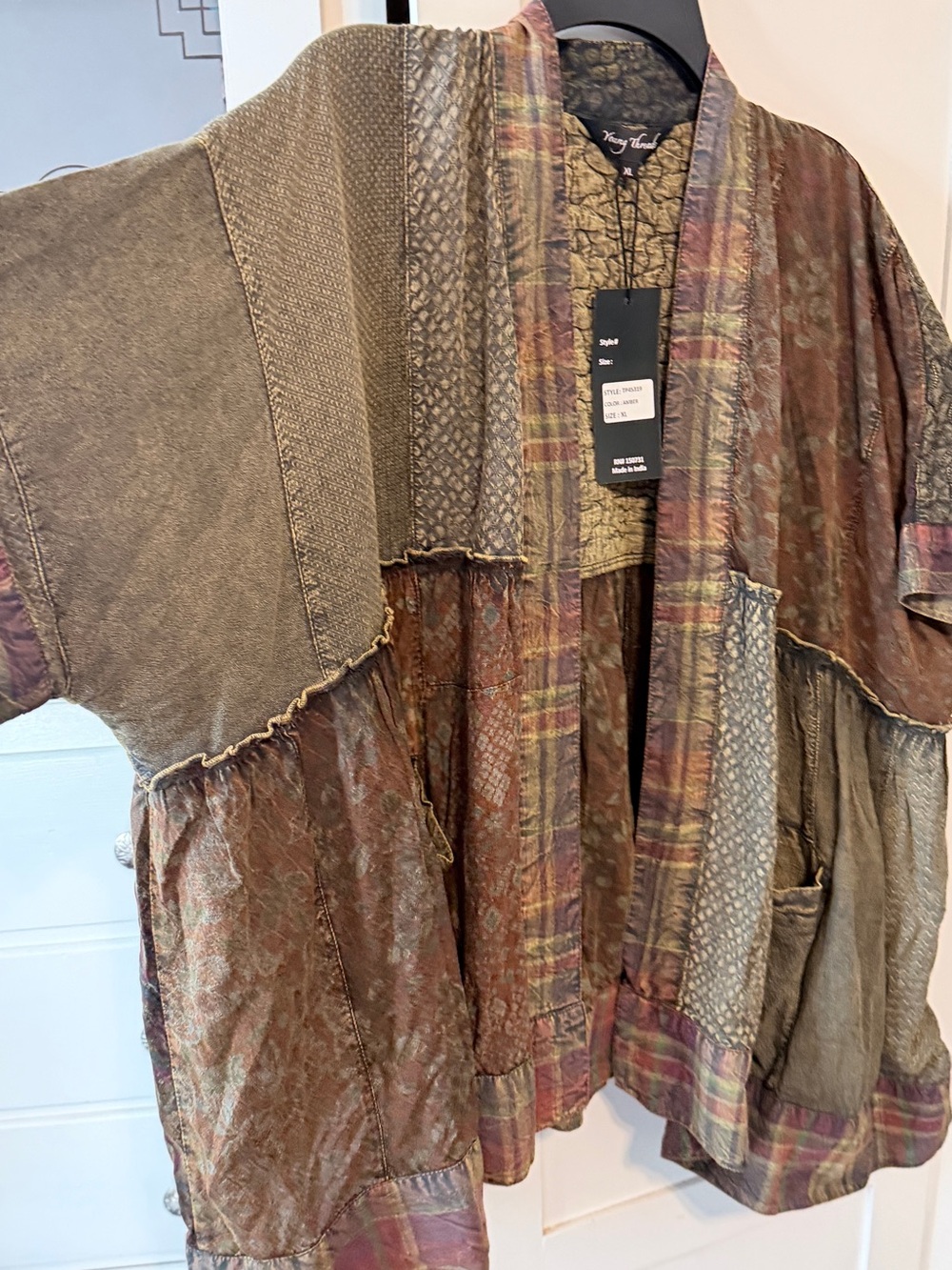 Boho Patchwork Draped Cape Jacket in Olive Multi - Picture 2 of 14